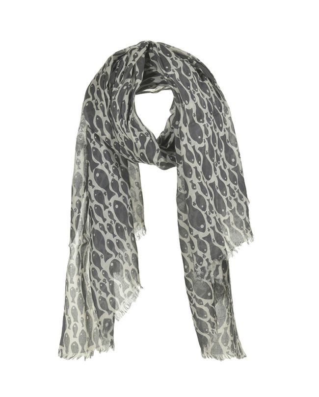 SCARF/PAREO IN WHITE/GREY COLOR WITH FISH 100Χ180 (100% COTTON)