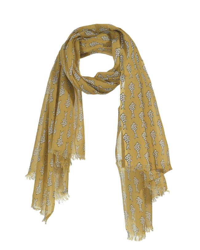 SCARF/PAREO IN YELLOW/WHITE COLOR WITH FISH 100Χ180 (100% COTTON)