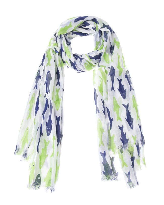SCARF/PAREO WHITE WITH BLUE/GREEN FISH 100X180 (100% COTTON)