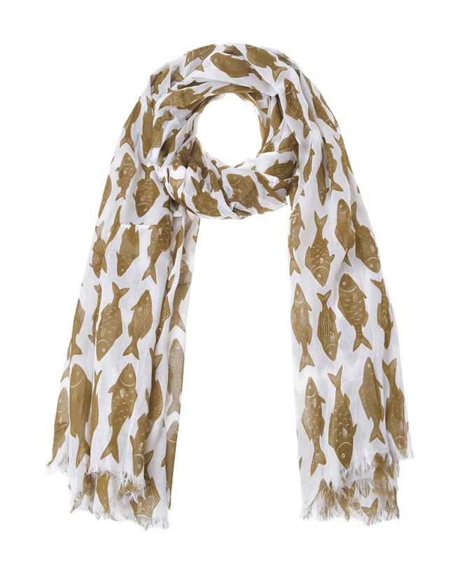 SCARF/PAREO WHITE WITH BROWN FISH 100X180 (100% COTTON)