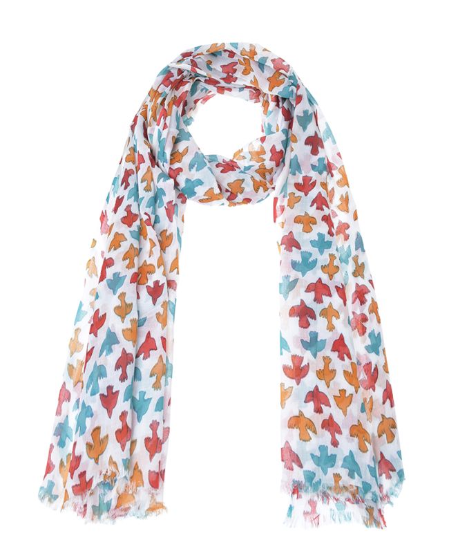 SCARF /PAREO WHITE WITH ORANGE / TURQUOISE 'BIRDS' 100X180 (100% COTTON)