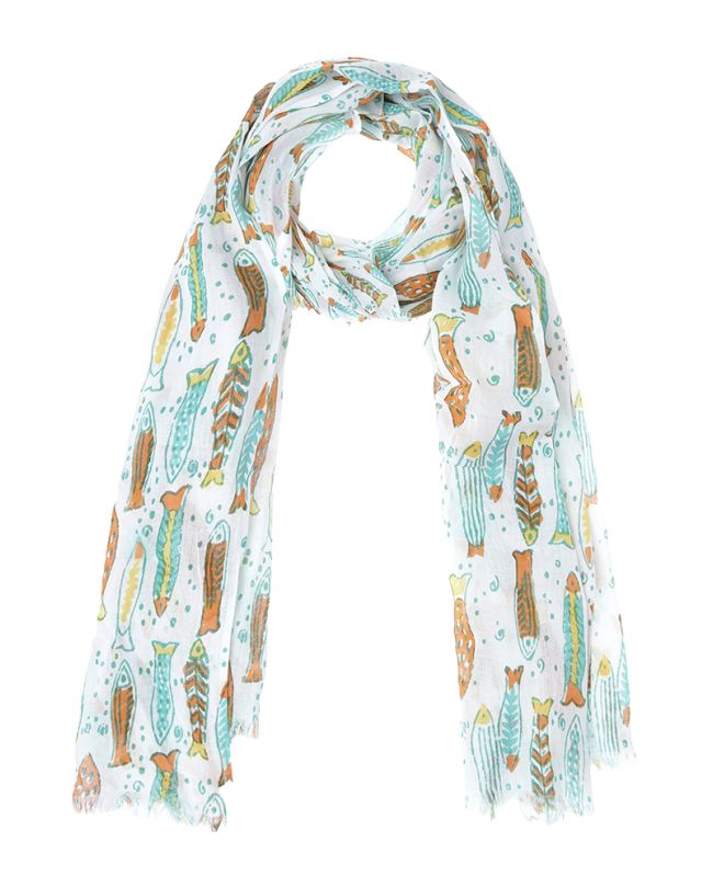 SCARF/PAREO IN WHITE COLOR WITH ORANGE/GREEN FISH 100X180 (100% COTTON)