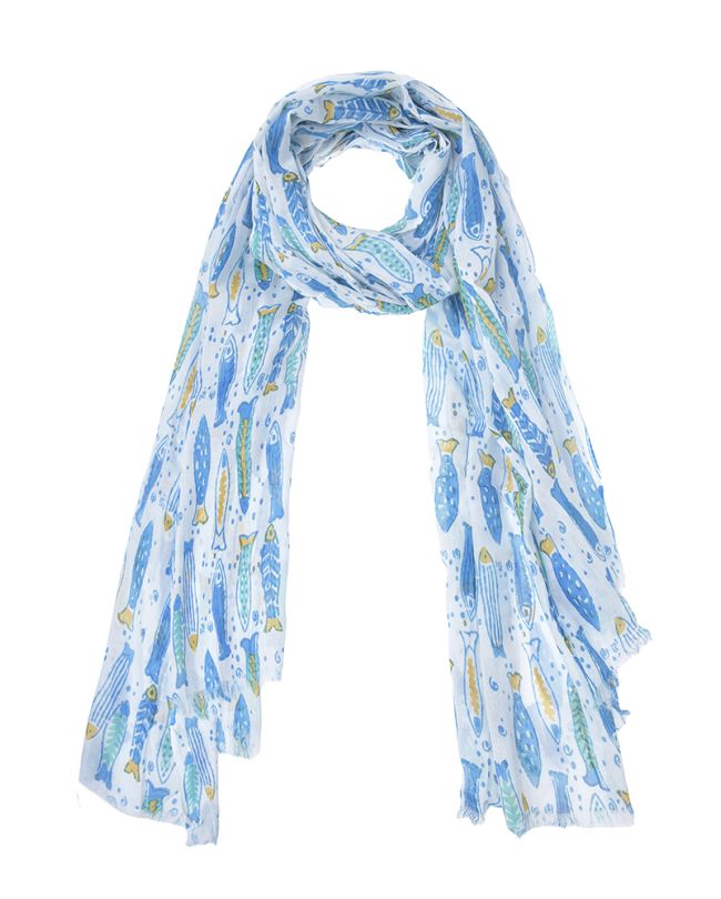 SCARF/PAREO IN WHITE COLOR WITH LIGHT BLUE/YELLOW FISH 100X180 (100% COTTON)