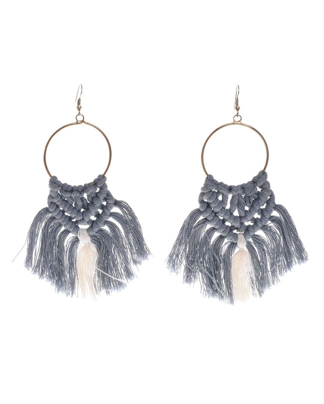 MACRAME EARRINGS IN GREY/WHITE COLOR WITH TASSELS