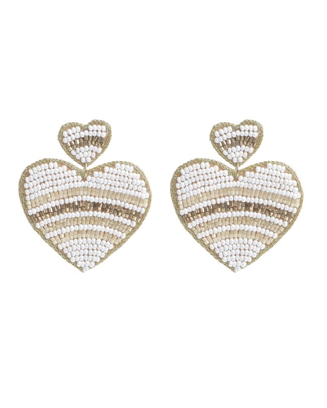 S/2 EARRINGS HEART WITH BEADS IN WHITE/GOLDEN COLOR