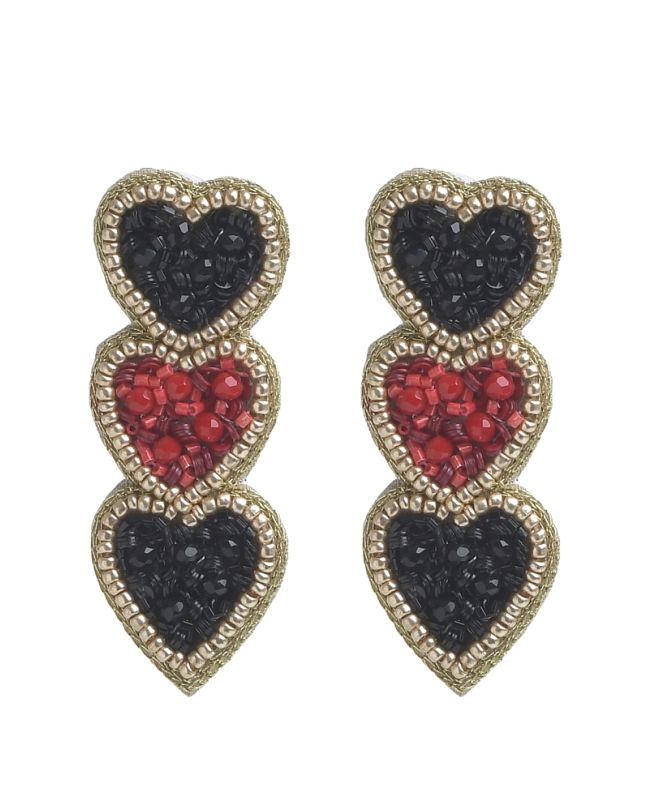 S/2 EARRINGS HEARTS WITH BEADS IN BLACK/RED/GOLDEN COLOR