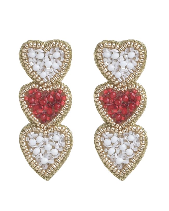 S/2 EARRINGS HEARTS WITH BEADS IN WHITE/RED/GOLDEN COLOR