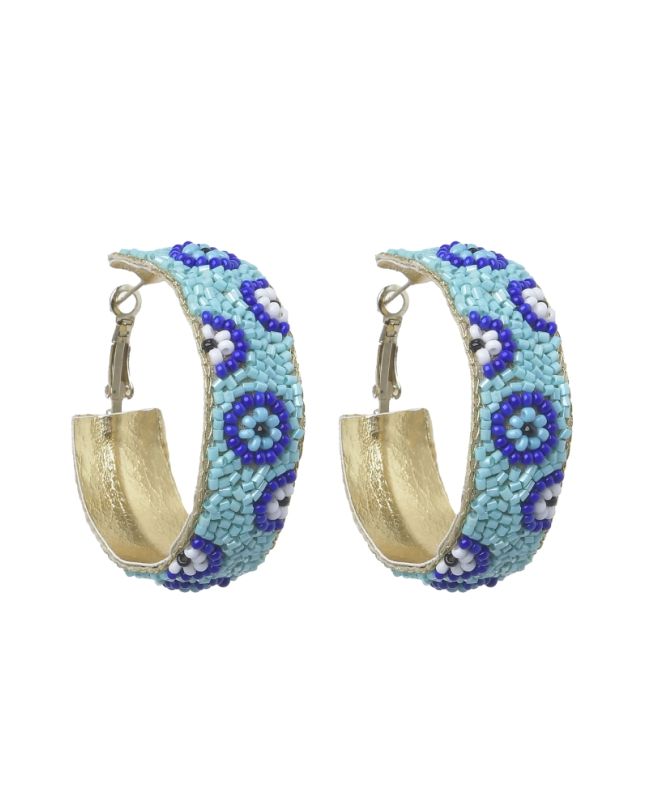 S/2 EARRINGS EYE WITH BEADS IN TURQUOISE/BLUE/GOLDEN COLOR