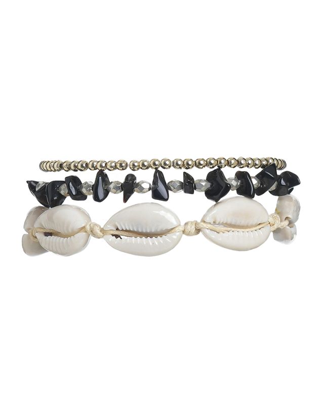 S/3 BRACELET IN BROWN/BLACK/GOLD COLOR WITH BEADS AND SHELLS