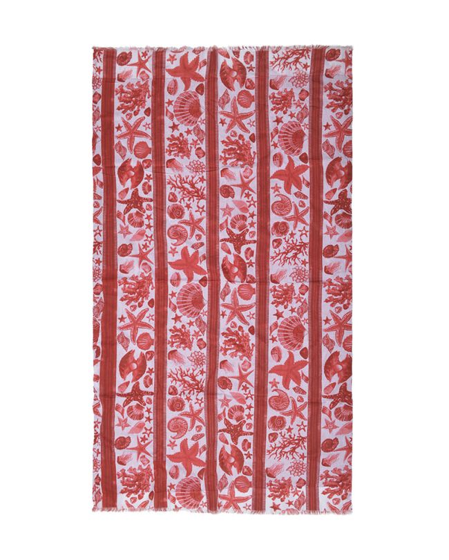 DOUBLEFACED TOWEL IN WHITE/RED COLOR WITH SHELLS AND STARFISH (50%COTTON 50%POLYESTER)