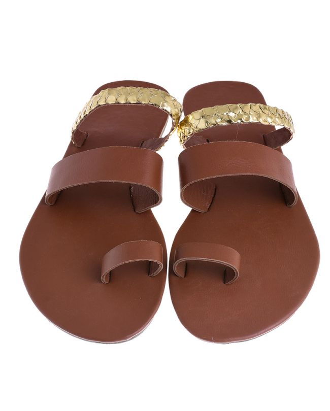 LEATHER SANDAL IN BROWN COLOR WITH GOLD PRINT (EU41)
