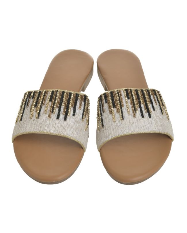 SANDAL ΙΝ WHITE/BLACK/GOLD COLOR WITH BEADS (EU 38)