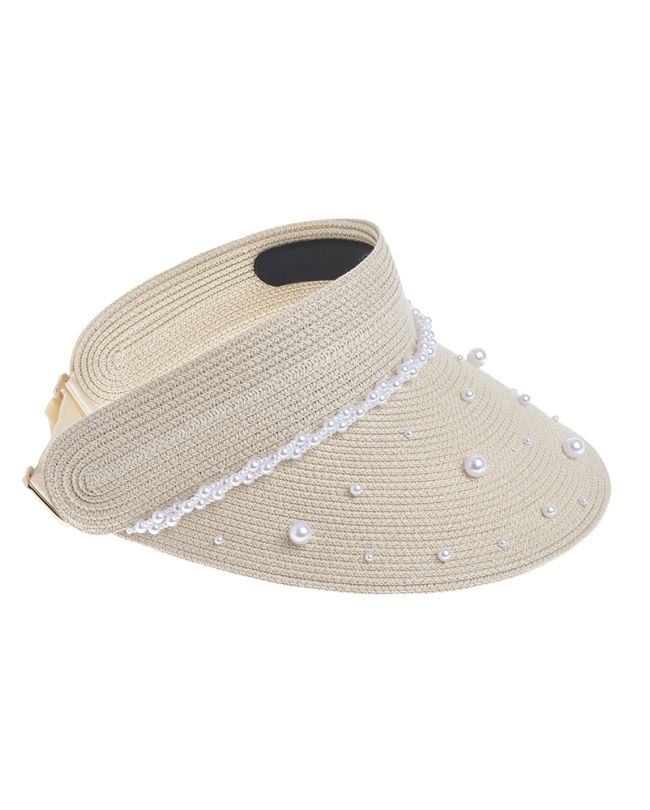 STRAW OPEN-HAT IN ECRU COLOR WITH PEARLS ONE SIZE 20CM (100% PAPER)