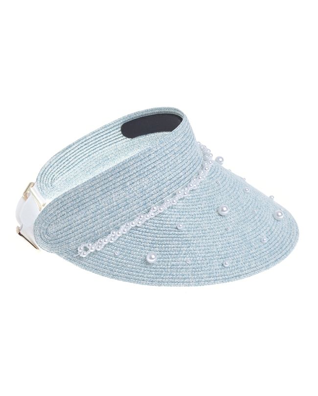 STRAW OPEN-HAT IN BABY BLUE COLOR WITH PEARLS ONE SIZE 20CM (100% PAPER)