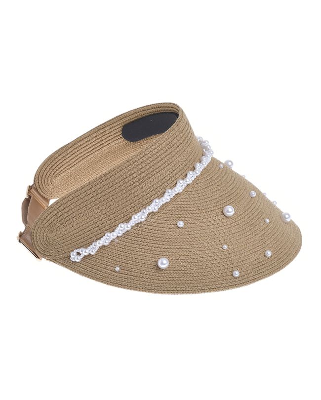 STRAW OPEN-HAT IN BROWN COLOR WITH PEARLS ONE SIZE 20CM (100% PAPER)