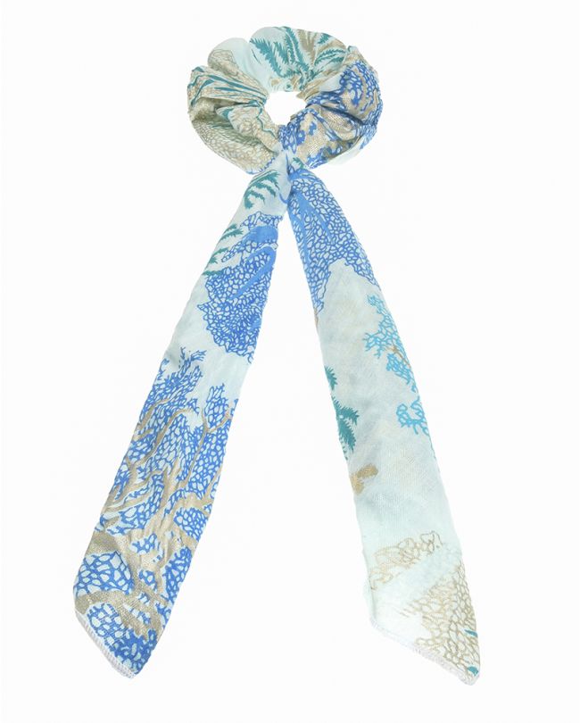 SCRUNCHIE BLUE WITH CORALS AND GOLD DETAILS (100% COTTON)