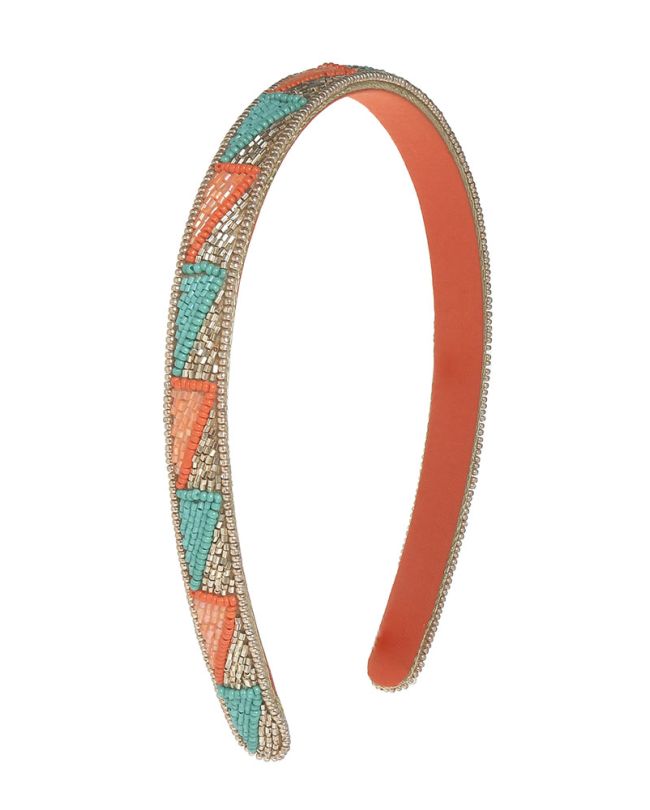 HEADBAND IN LIGHT BLUE/ORANGE COLOR WITH BEADS