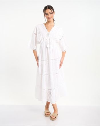 ΦΟΡΕΜΑ ΜΑΚΡΥ ΜΕ ΚΡΟΣΙΑ ΣΤΑ ΜΑΝΙΚΙΑ ΣΕ ΛΕΥΚΟ ΧΡΩΜΑ ONE SIZE (100% COTTON)