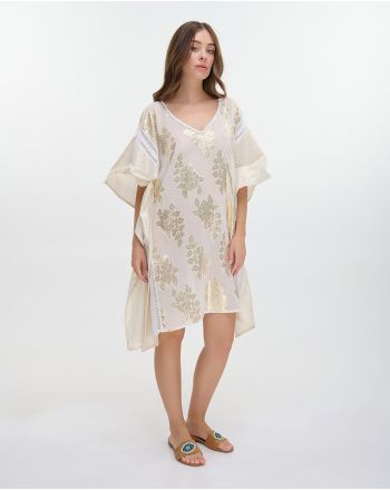 SHORT KAFTAN IN WHITE/BEIGE/GOLD COLOR ONE SIZE (100% COTTON)