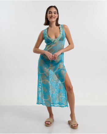 ΚΑΦΤΑΝΙ ΜΑΚΡΥ ΑΜΑΝΙΚΟ ΔΙΑΤΡΗΤΟ ΜΠΛΕ ΜΕ ΧΡΥΣΕΣ ΛΕΠΤΟΜΕΡΕΙΕΣ ONE SIZE (100% COTTON)