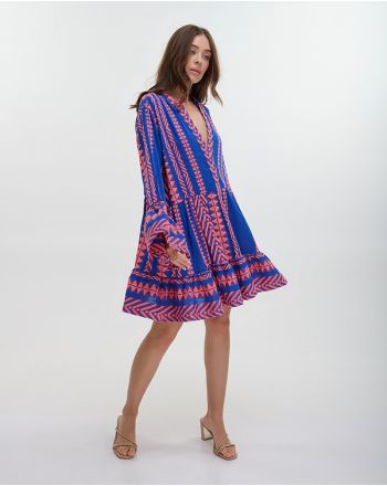 SHORT DRESS WITH LONG SLEEVES IN FUCHSIA/BLUE COLOR ONE SIZE (100% COTTON)