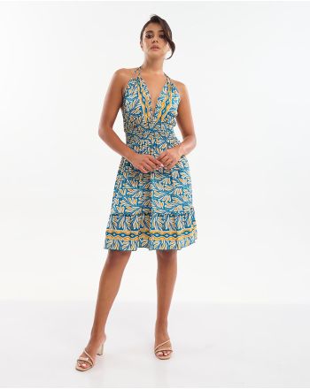 SHORT DRESS IN YELLOW/BLUE COLOR ONE SIZE (70% SILK 30% POLYESTER)