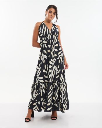  SLEEVELESS LONG DRESS IN BLACK WITH ECRU DETAILS ONE SIZE (70% SILK 30% POLYESTER)