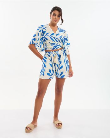 S/2 SHIRT AND SHORTS IN ECRU WITH BLUE/GOLD DETAILS ONE SIZE (70% SILK 30% POLYESTER)