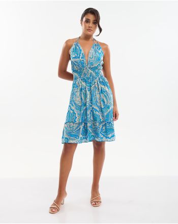 ΦΟΡΕΜΑ ΚΟΝΤΟ ΜΠΛΕ/ΧΡΥΣΟ ΜΕ ΣΧΕΔΙΑ ONE SIZE (70% SILK 30% POLYESTER)