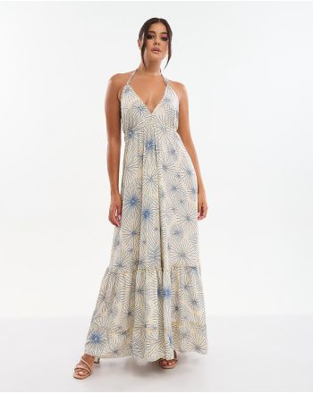 ΦΟΡΕΜΑ ΜΑΚΡΥ ΕΚΡΟΥ ΜΕ ΧΡΥΣΑ/ΜΠΛΕ ΛΟΥΛΟΥΔΙΑ (70% SILK 30% POLYESTER)