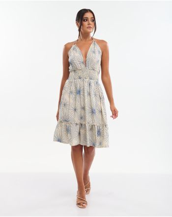 ΦΟΡΕΜΑ ΚΟΝΤΟ ΕΚΡΟΥ ΜΕ ΧΡΥΣΑ/ΜΠΛΕ ΛΟΥΛΟΥΔΙΑ (70% SILK 30% POLYESTER)