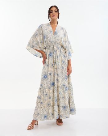 ΦΟΡΕΜΑ ΜΑΚΡΥ 3/4 ΕΚΡΟΥ ΜΕ ΧΡΥΣΑ/ΜΠΛΕ ΛΟΥΛΟΥΔΙΑ (70% SILK 30% POLYESTER)