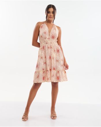 SHORT DRESS IN ECRU WITH RED/GOLD ''FLOWER''  ONE SIZE (70% SILK 30% POLYESTER)