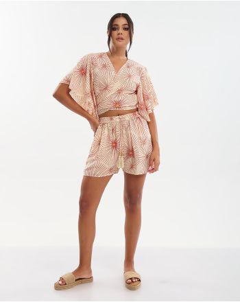 S/2 ΤΟΠΑΚΙ ΚΑΙ ΣΟΡΤΣΑΚΙ ΣΕ ΕΚΡΟΥ ΜΕ ΚΟΚΚΙΝΑ/ΧΡΥΣΑ ΛΟΥΛΟΥΔΙΑ ONE SIZE (70% SILK 30% POLYESTER)