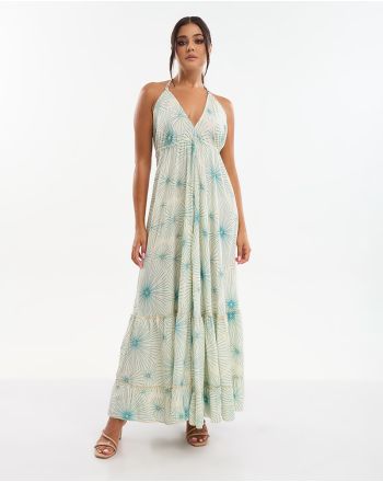 LONG DRESS IN ECRU WITH TURQUOISE/GOLD  ''FLOWER''  ONE SIZE (70% SILK 30% POLYESTER)