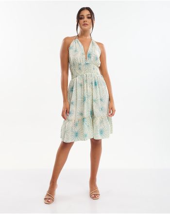 SHORT DRESS IN ECRU WITH TURQUOISE/GOLD  ''FLOWER''  ONE SIZE (70% SILK 30% POLYESTER)