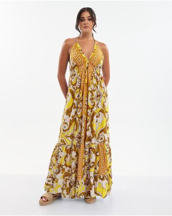 LONG DRESS IN YELLOW/ECRU COLOR WITH DETAILS ONE SIZE (70% SILK 30% POLYESTER)
