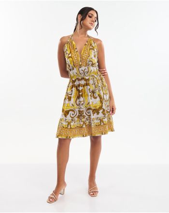 SLEEVELESS SHORT DRESS IN YELLOW/ECRU COLOR WITH DETAILS ONE SIZE (70% SILK 30% POLYESTER)