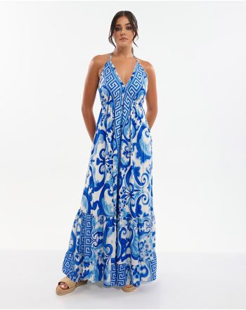 LONG DRESS IN BLUE COLOR WITH DETAILS ONE SIZE (70% SILK 30% POLYESTER)
