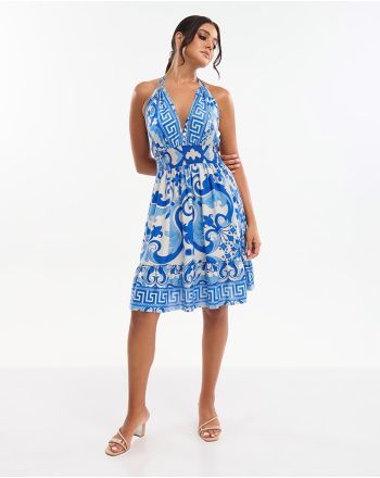 SLEEVELESS SHORT DRESS IN BLUE COLOR WITH DETAILS ONE SIZE (70% SILK 30% POLYESTER)