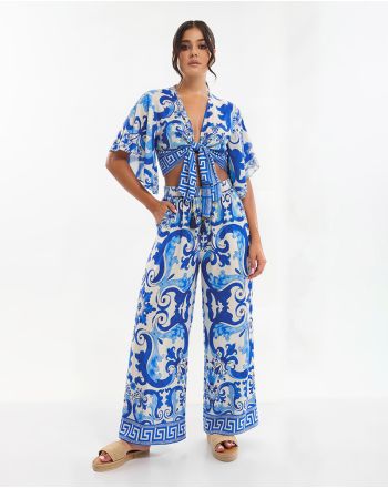 S/2 TOP AND PANTS IN BLUE COLOR WITH DETAILS ONE SIZE (70% SILK 30% POLYESTER)