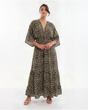 LONG DRESS 3/4 IN BLACK COLOR WITH DETAILS ONE SIZE (70% SILK 30% POLYESTER)