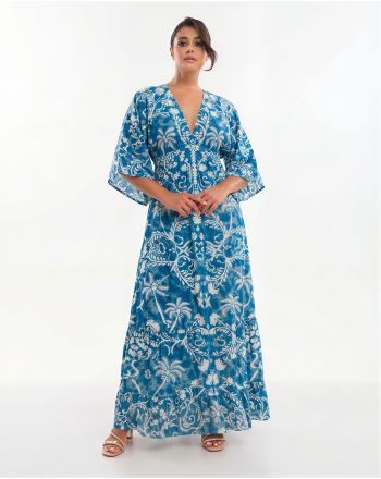 LONG DRESS 3/4 IN BLUE/ECRU COLOR WITH DETAILS ONE SIZE (70% SILK 30% POLYESTER)