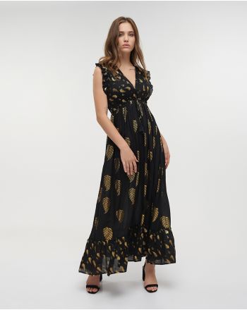 LONG SLEEVELESS DRESS IN  BLACK COLOR WITH GOLD PRINTS ONE SIZE (100% VISCOSE)