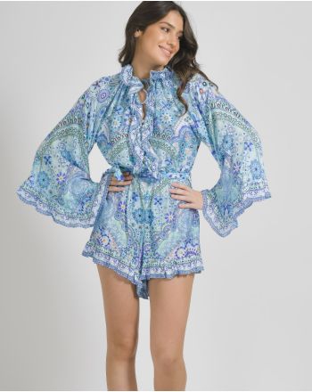 SHORT JUMPSUIT WITH LONG SLEEVES IN TURQUOISE WITH PRINTS ONE SIZE (60%VISCOSE 40% MODAL)