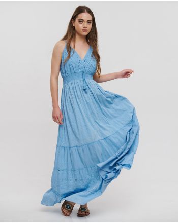 LONG SLEEVELESS DRESS IN BLUE COLOR ONE SIZE (100% COTTON)