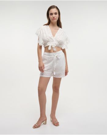 CROP TOP KIPPUR IN WHITE COLOR WITH RUFFLES  ONE SIZE (100% COTTON)