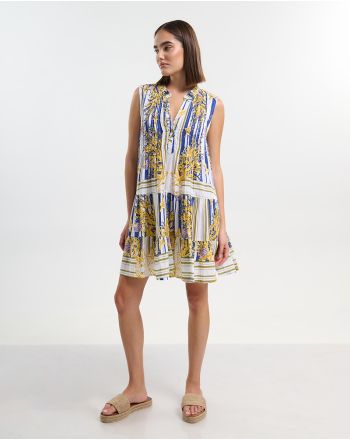 ΦΟΡΕΜΑ ΚΟΝΤΟ ΛΕΥΚΟ ΑΜΑΝΙΚΟ ME ΜΠΛΕ/ ΧΡΥΣΕΣ  ΛΕΠΤΟΜΕΡΕΙΕΣ L/XL  (100% COTTON)