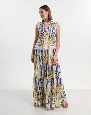 ΦΟΡΕΜΑ ΜΑΚΡΥ ΛΕΥΚΟ ΑΜΑΝΙΚΟ ME ΜΠΛΕ/ ΧΡΥΣΕΣ  ΛΕΠΤΟΜΕΡΕΙΕΣ S/M  (100% COTTON)