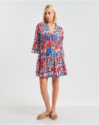 SHORT DRESS  WITH  3/4 SLEEVES  IN RED/BLUE  DETAILS  ONE SIZE  (100% COTTON)